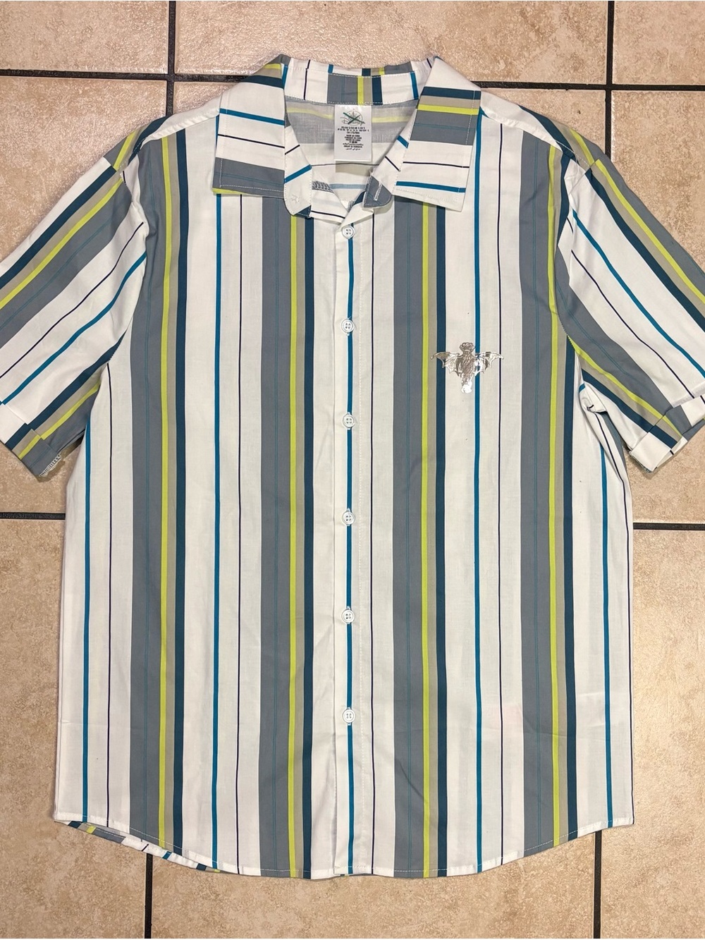 Disney Short Sleeve Vertical Stripe Button-Up Shirt in White, Gray & Lime